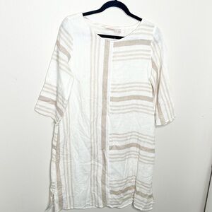 Soft Surroundings Linen Tan White Stripe Dress Flowy Size Medium Women’s